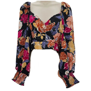 BAND OF THE FREE Camille Black Floral Crossover Blouse Tie Back long sleeve NWT